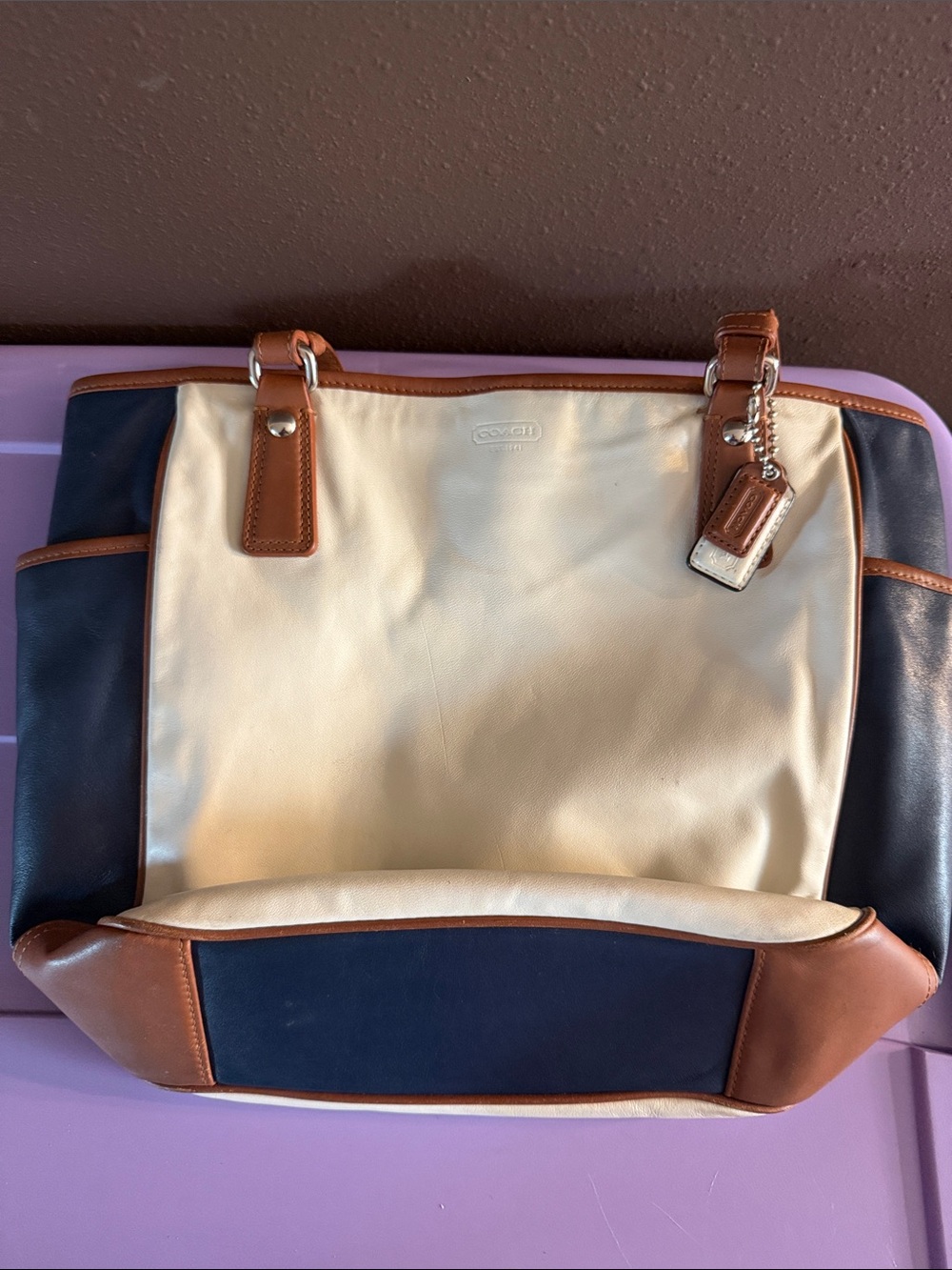 Coach Cream, Navy and Brown Leather Tote